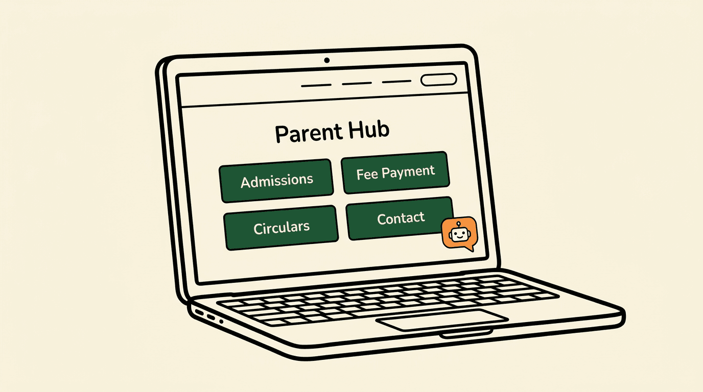 Parent Hub school website on laptop with AI chat widget — Admissions, Fee Payment, Circulars, Contact